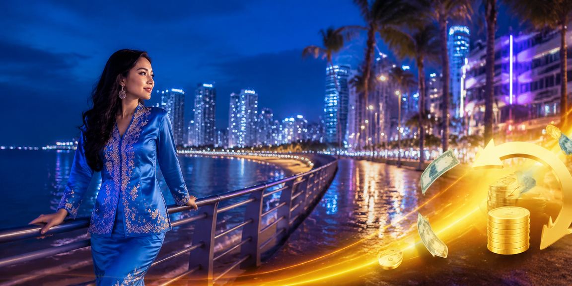 Pengguna berbaju kurung menerima bonus cashback mbb2e di Penang dengan senyuman kepuasan