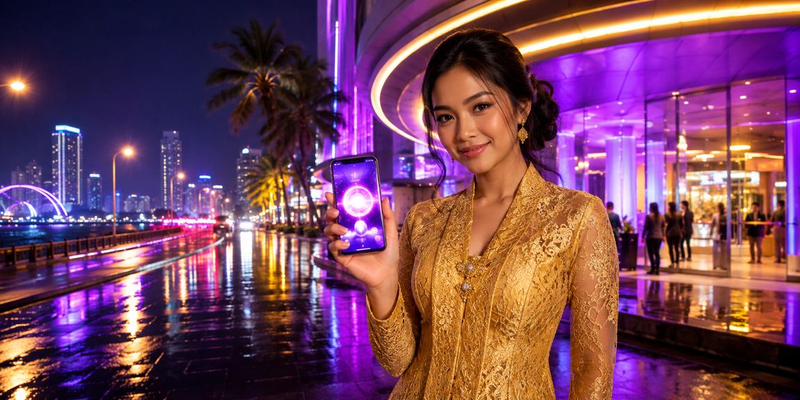 Pengguna wanita berbaju kebaya menikmati lotteri dalam talian di Penang melalui platform mbb2e